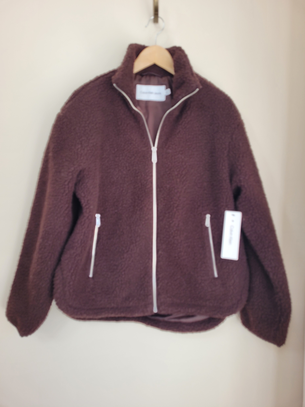 NWT Calvin Klein Dark Chocolate Brown Teddy Zip-Up Jacket With Pockets Sz M - Picture 2 of 10